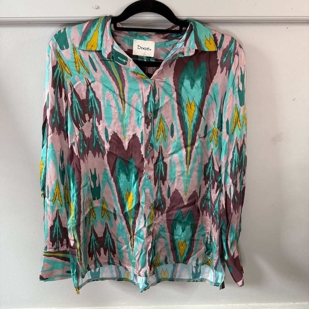 Dixie Multicolor Pink Blue Patterned Button Up Shirt Blouse